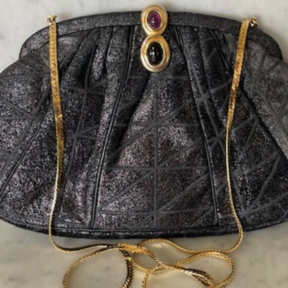 JUDITH LIEBER Vintage Minaudière Black Metallic Suede Gemstone Clasp Purse - Picture 8 of 17